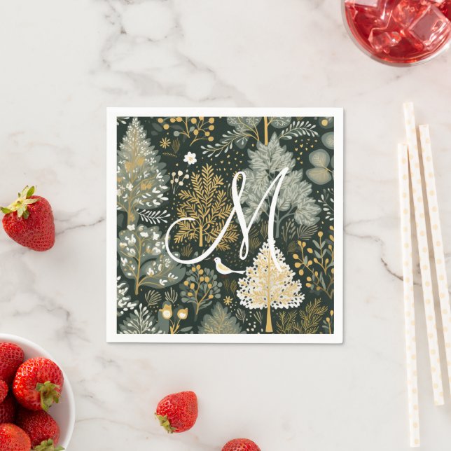Serviette En Papier Arbres de Noël Monogramme Vintage Bohème Vert Or (En situation)