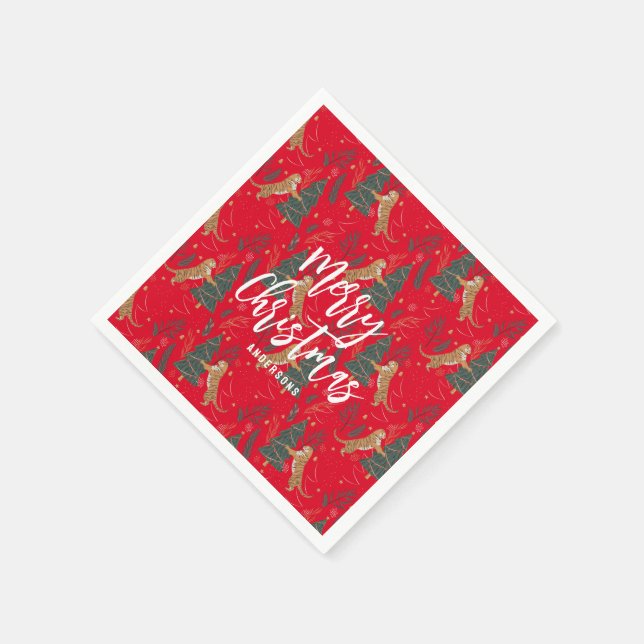 Serviette En Papier Arbres de Noël & tigres motif rouge arrière - plan (Coin)
