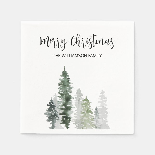 Serviette En Papier Arbres rustiques aquarelles Script Joyeux Noël (Devant)