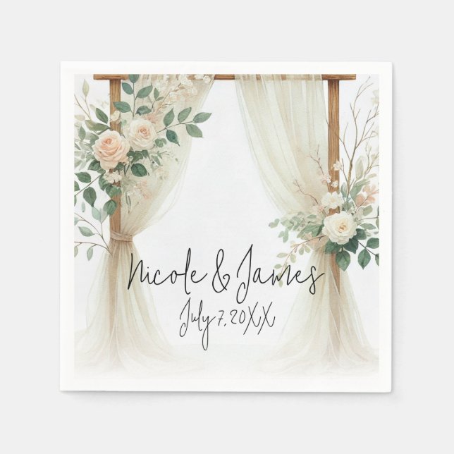 Serviette En Papier Arc en bois floral verdure Rose Mariage rustique (Devant)