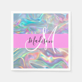 Serviette En Papier Arc-en-ciel girly holographique iridescent monogra