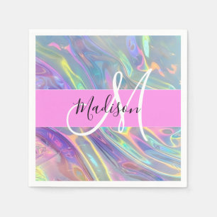 Serviette En Papier Arc-en-ciel girly holographique monogramme iridesc
