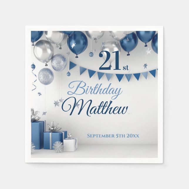 Serviette En Papier Argent bleu 21e anniversaire (Devant)
