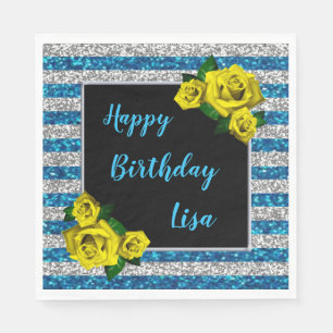 Serviette En Papier Argent Bleu Parties scintillant rayures Roses Jaun