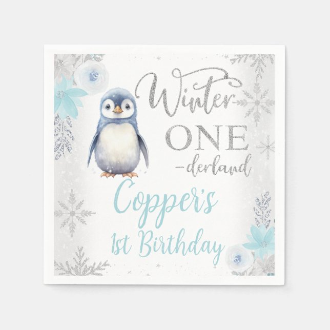 Serviette En Papier Argent Bleu Pingouin Hiver Onederland Anniversaire (Devant)
