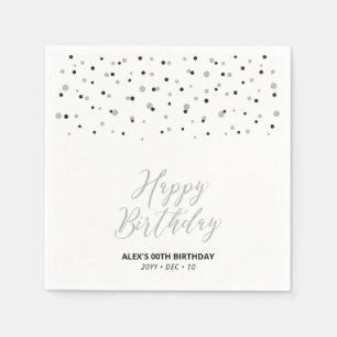 Serviette En Papier Argent et Hexagon noir Confetti Joyeux anniversair