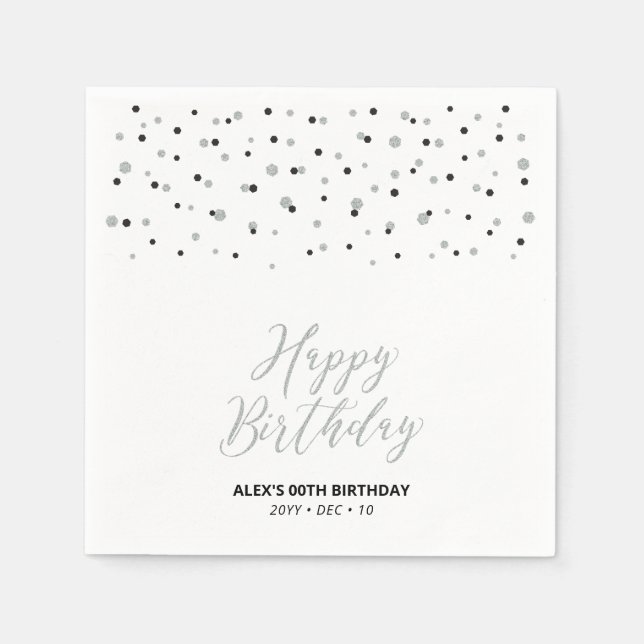 Serviette En Papier Argent et Hexagon noir Confetti Joyeux anniversair (Devant)