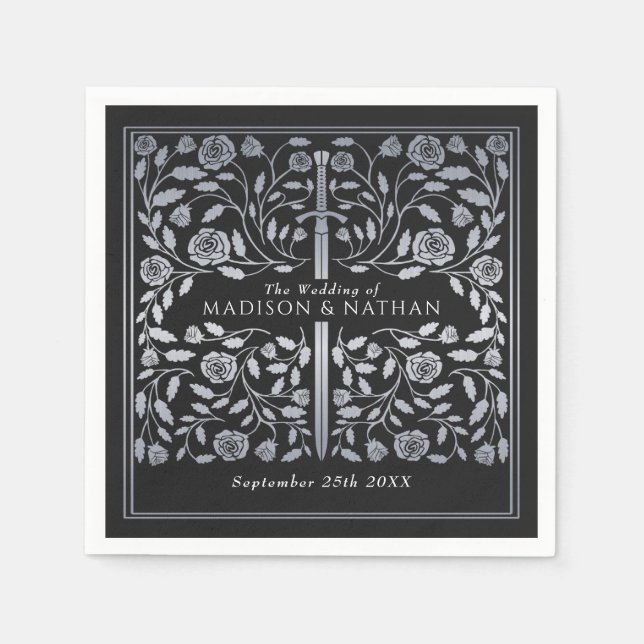 Serviette En Papier Argent Noir Royal Médiéval Mariage d'épée or (Devant)