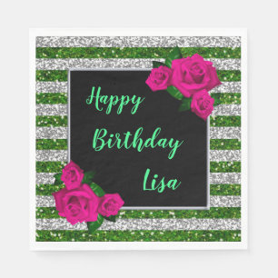 Serviette En Papier Argent Parties scintillant verte rayures rose Rose