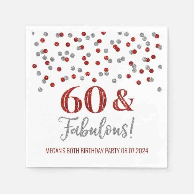 Serviette En Papier Argent Rouge Confetti 60 & Fabuleux (Devant)