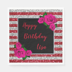 Serviette En Papier Argent Rouge Parties scintillant rayures rose Rose