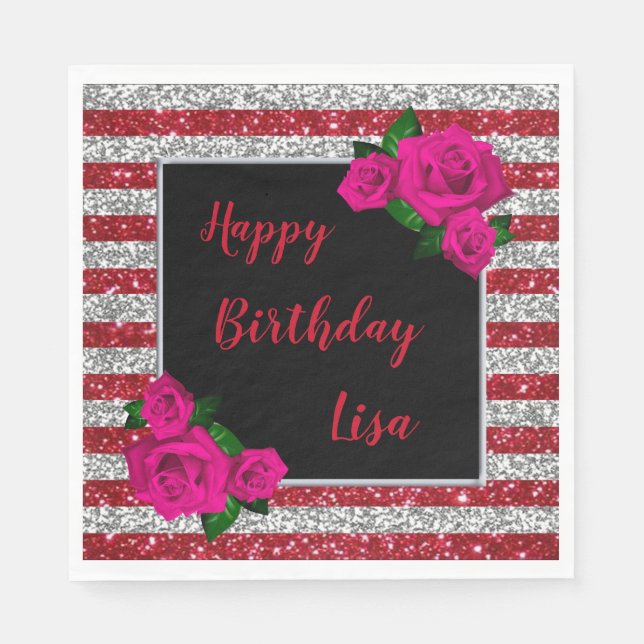 Serviette En Papier Argent Rouge Parties scintillant rayures rose Rose (Devant)