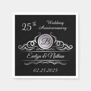 Serviette En Papier Argent tournoie sur noir 25ème anniversaire Mariag