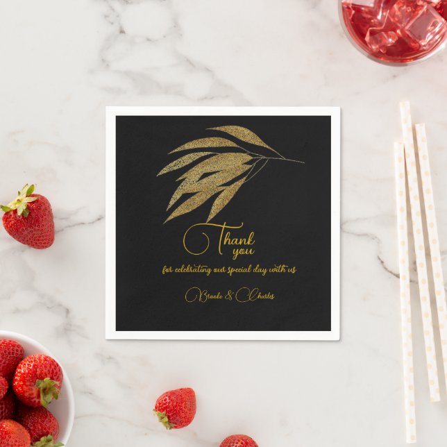 Serviette En Papier Art Déco Feuille d'or noir  Mariage (En situation)