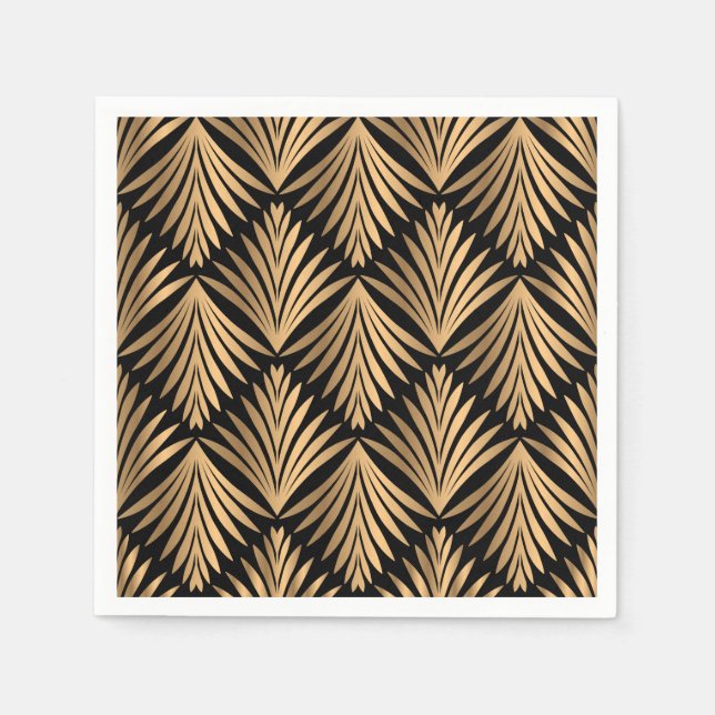 Serviette En Papier Art Déco Floral Great Gatsby Black Gold Mariage (Devant)