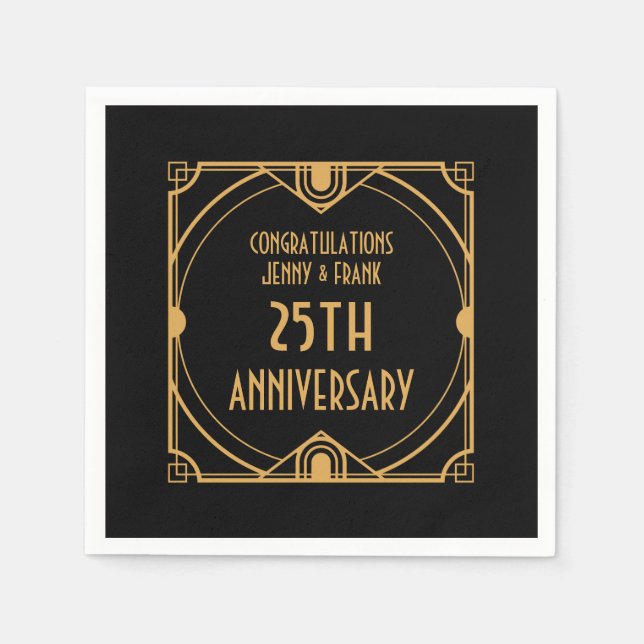 Serviette En Papier Art Déco Noms 25ème anniversaire Mariage d'argent (Devant)