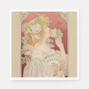 Serviette En Papier Art Nouveau Belle Époque Dame Roses Livemont