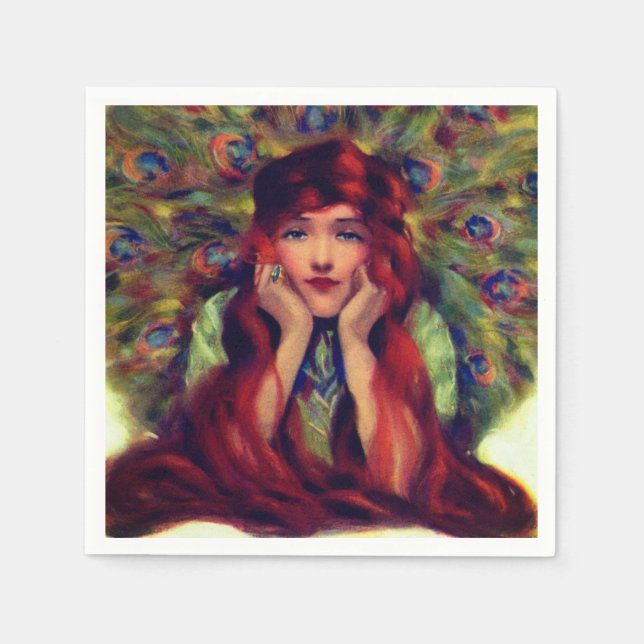 Serviette En Papier Art nouveau déco femme plumes paon élégant (Devant)