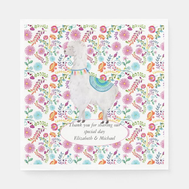 Serviette En Papier Art populaire floral llama mariage personnalisable (Devant)