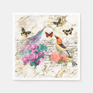 Serviette En Papier Art Vintage d'Oiseaux, Fleurs Lettres Anciennes De