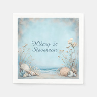 Serviette En Papier Aspect Vieilli Coquillages Bleu Beige Blanc