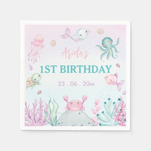 Serviette En Papier Au-dessus de la mer Océan Animaux 1er Anniversaire (Devant)