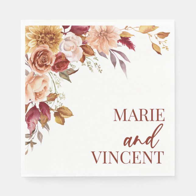 Serviette En Papier Automne Bourgogne Brown Floral Mariage (Devant)