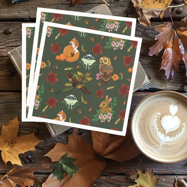 Serviette En Papier Automne Forêt forestière Animaux verts (Créateur téléchargé)