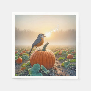 Serviette En Papier Automne Robin chantant sur un Citrouille