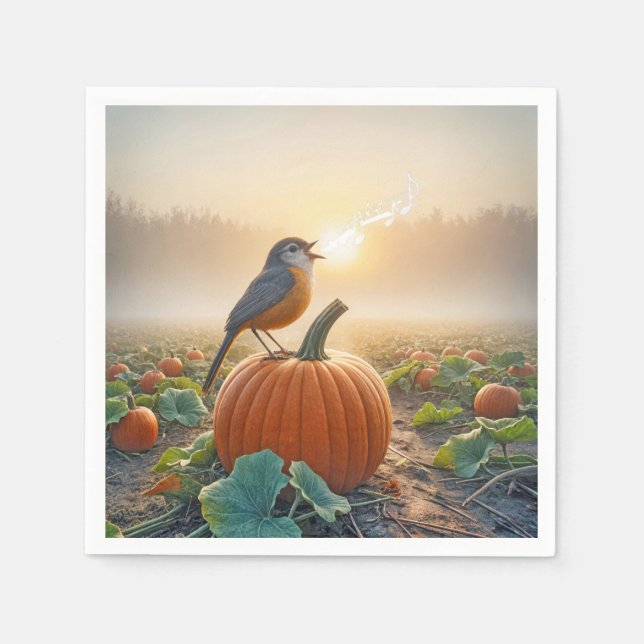 Serviette En Papier Automne Robin chantant sur un Citrouille (Devant)
