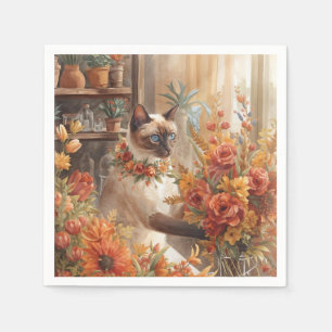 Serviette En Papier Automne Siamese Chat fleuriste arranger des fleurs