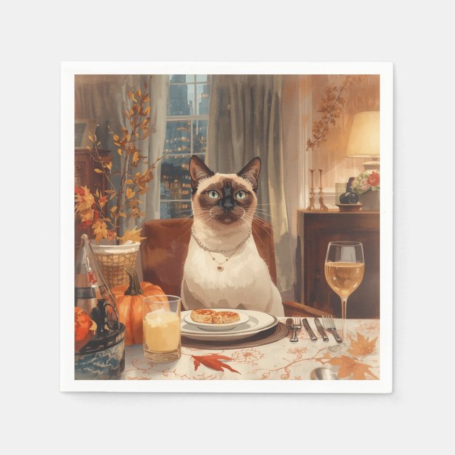 Serviette En Papier Automne Siamese Chat Hostals au dîner Thanksgiving (Devant)