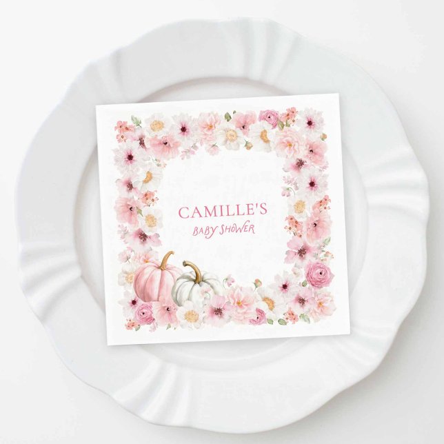 Serviette En Papier Autumn Pink Pumpkin Floral Baby Shower (Fall Girl Baby Shower Napkins)