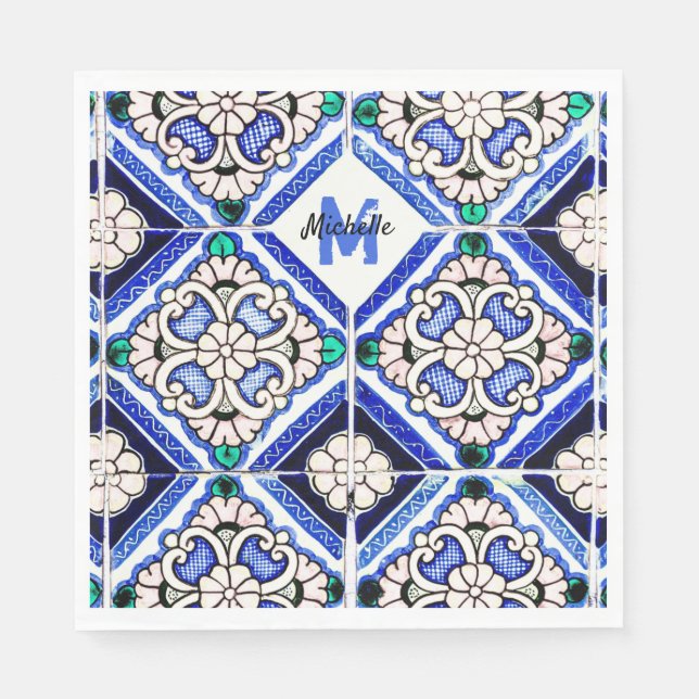 Serviette En Papier Azulejo Motif espagnol Carreaux marine Monogramme  (Devant)