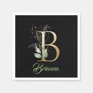 Serviette En Papier B monogramme vert eucalyptus or parties scintillan