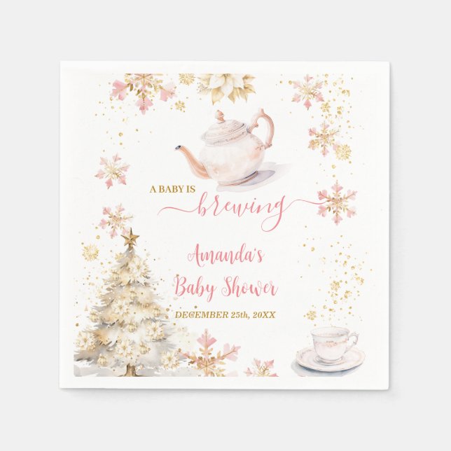 Serviette En Papier Baby Is Brewing Pink Winter Tea Party Baby Shower (Devant)