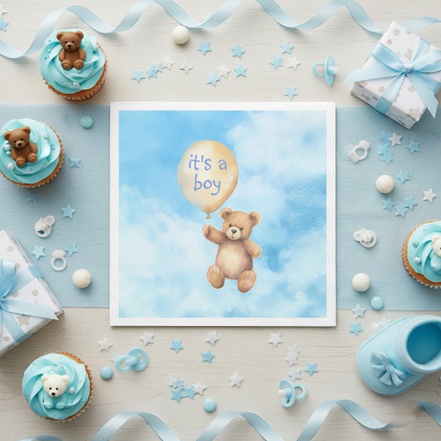 Serviette En Papier Baby shower à ballon flottant à ours en peluche mi (Cute teddy bear floating balloon with message and fluffy clouds baby shower napkins.)