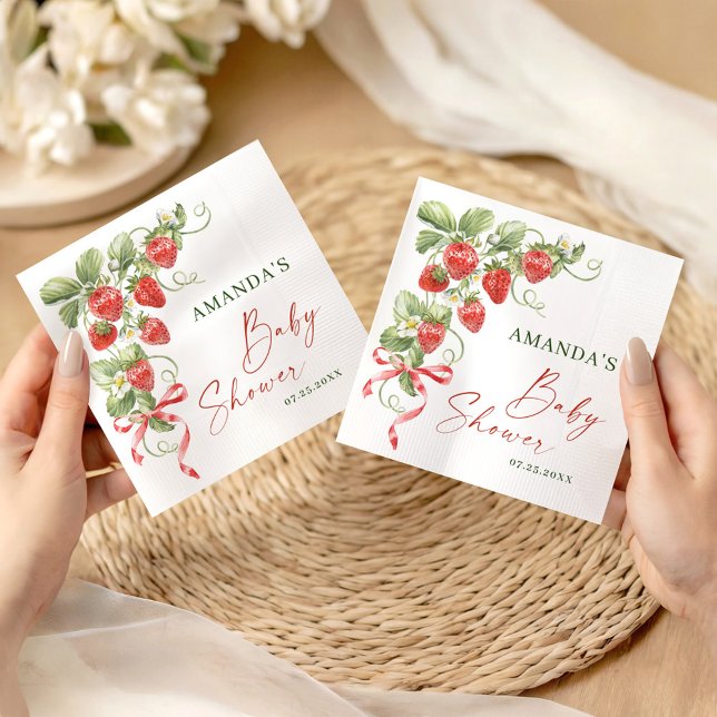 Serviette En Papier Baby shower à l'aquarelle tendance Meadow Strawber (Créateur téléchargé)