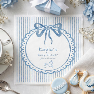 Serviette En Papier Baby Shower à rayures et nœud aquarelle bleu fanta