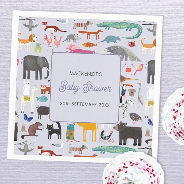 Serviette En Papier Baby shower animal personnalisé amusant (Jungle safari zoo wild and pet animal themed personalized baby shower paper napkins)