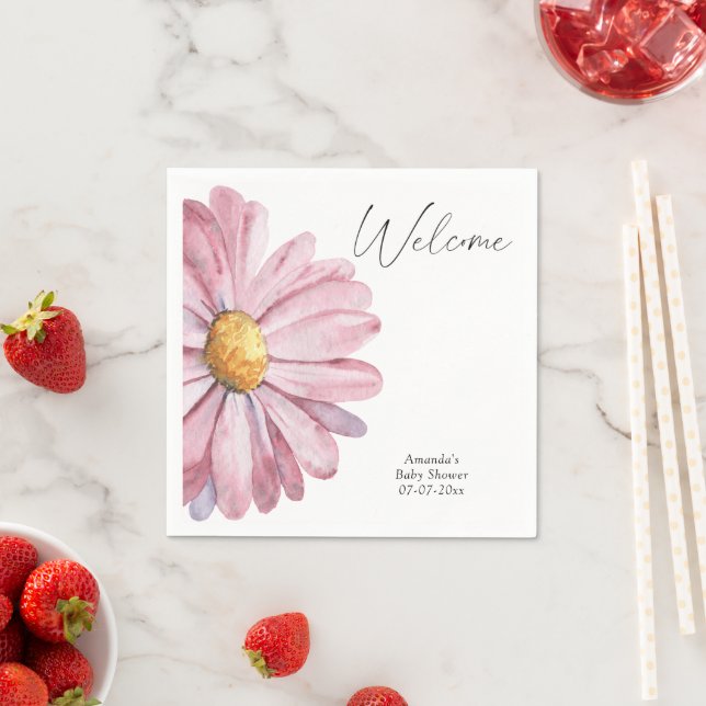 Serviette En Papier Baby shower aquarelle moderne avec des marguerites (En situation)