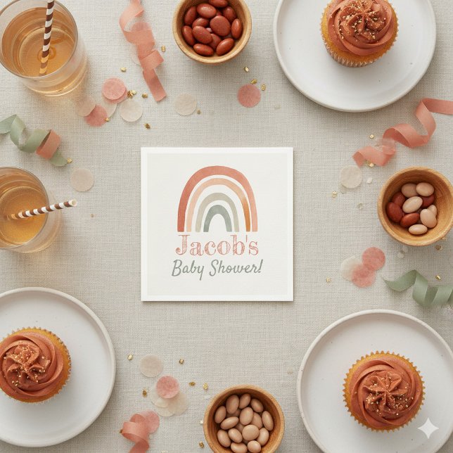 Serviette En Papier Baby shower arc-en-ciel neutre en terre cuite (Rainbow baby shower party napkin)