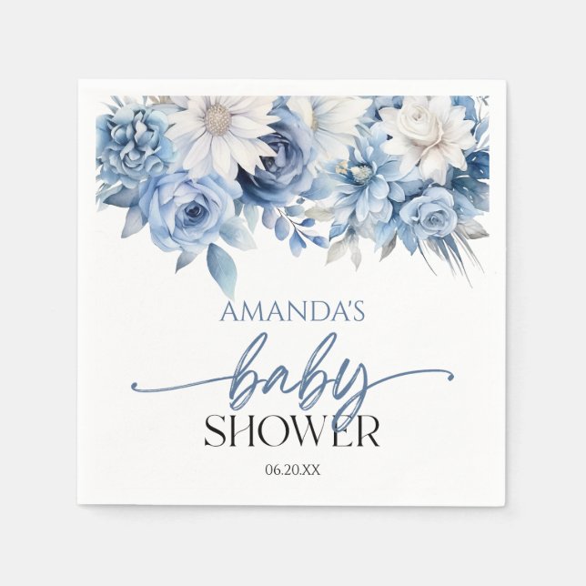 Serviette En Papier Baby shower aux fleurs bleues poussiéreuses (Devant)