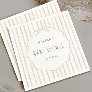 Serviette En Papier Baby Shower avec Rayures Beige et Cadre à Coquille