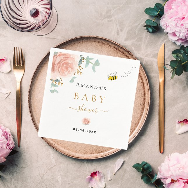 Serviette En Papier Baby shower bee bee rose floral vert fille (Créateur téléchargé)