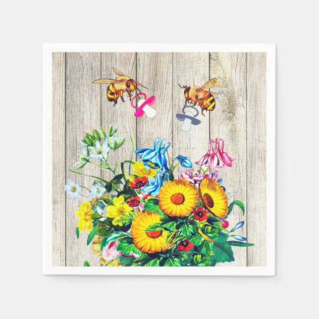 Serviette En Papier Baby shower Bees Twins Rustique Floral Pacifier (Devant)