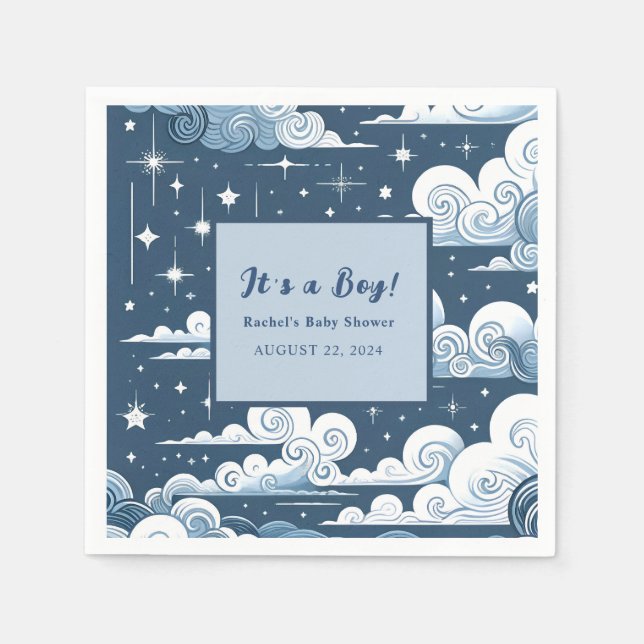 Serviette En Papier Baby shower blanc bleu céleste (Devant)