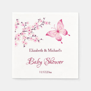 Serviette En Papier Baby shower blanc rose cerisier papillon