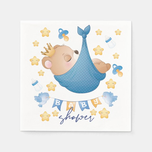 Serviette En Papier Baby shower bleu bébé garçon ours (Devant)