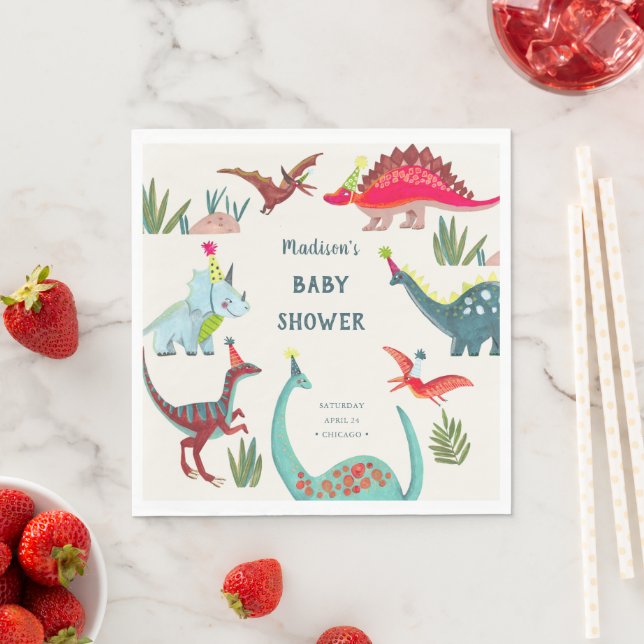 Serviette En Papier Baby shower bleu dinosaure (En situation)